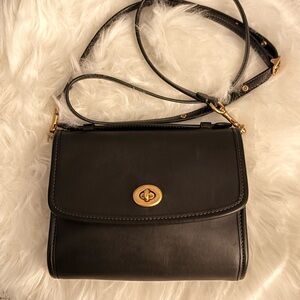Classic Coach Black Leather Crossbody Bag with Gold Turn-Lock